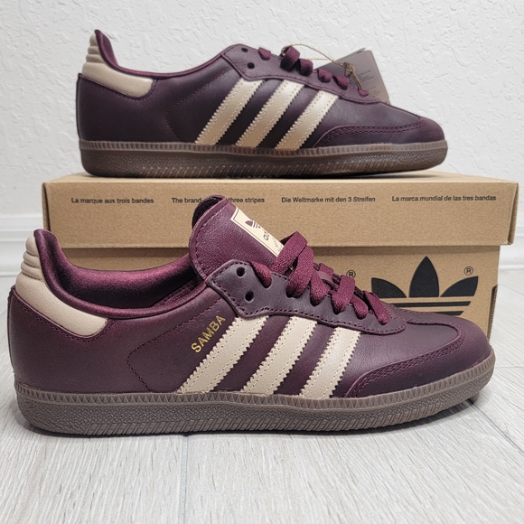 ADIDAS Sambas OG Sneakers In Maroon / Crystal Sand / Gold Metallic NWT 6.5. - Picture 4 of 16